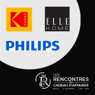  3 marques réunies sur un même espace : KODAK, ELLE HOME, Philips présentes aux Rencontres du Cadeau d'Affaires organisées par CEP-SOCOTIC et BUSINESS GIFTS France sur Paris, Rue du Faubourg Saint-Honoré le mardi 6 octobre de 18h à 22h